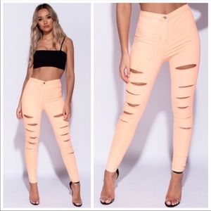 Neon Orange Mulit-Slit Highwaist Skinny Jeans